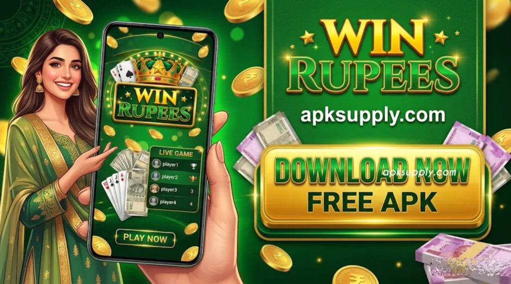 Win Rupees casino games interface with multiple slot and card games